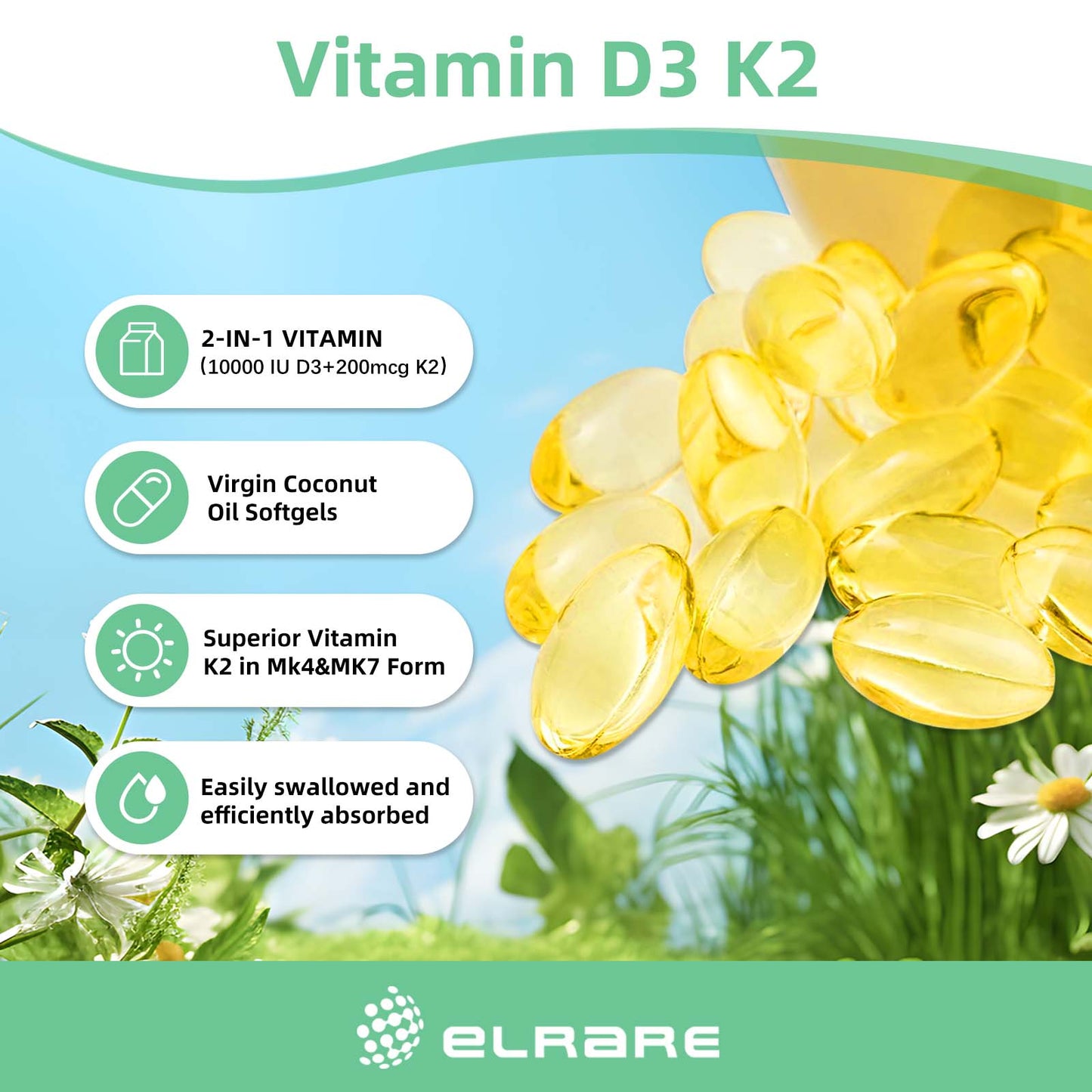 Vitamin D3(10000 IU)& 200 mcg Vitamin K2(50 mcg MK4+150 mcg MK7),supports calcium absorption,bone immune,heart health,easy to swallow,300 virgin coconut oil softgels
