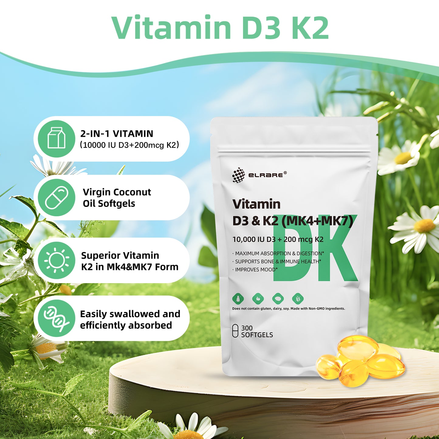 Vitamin D3(10000 IU)& 200 mcg Vitamin K2(50 mcg MK4+150 mcg MK7),supports calcium absorption,bone immune,heart health,easy to swallow,300 virgin coconut oil softgels