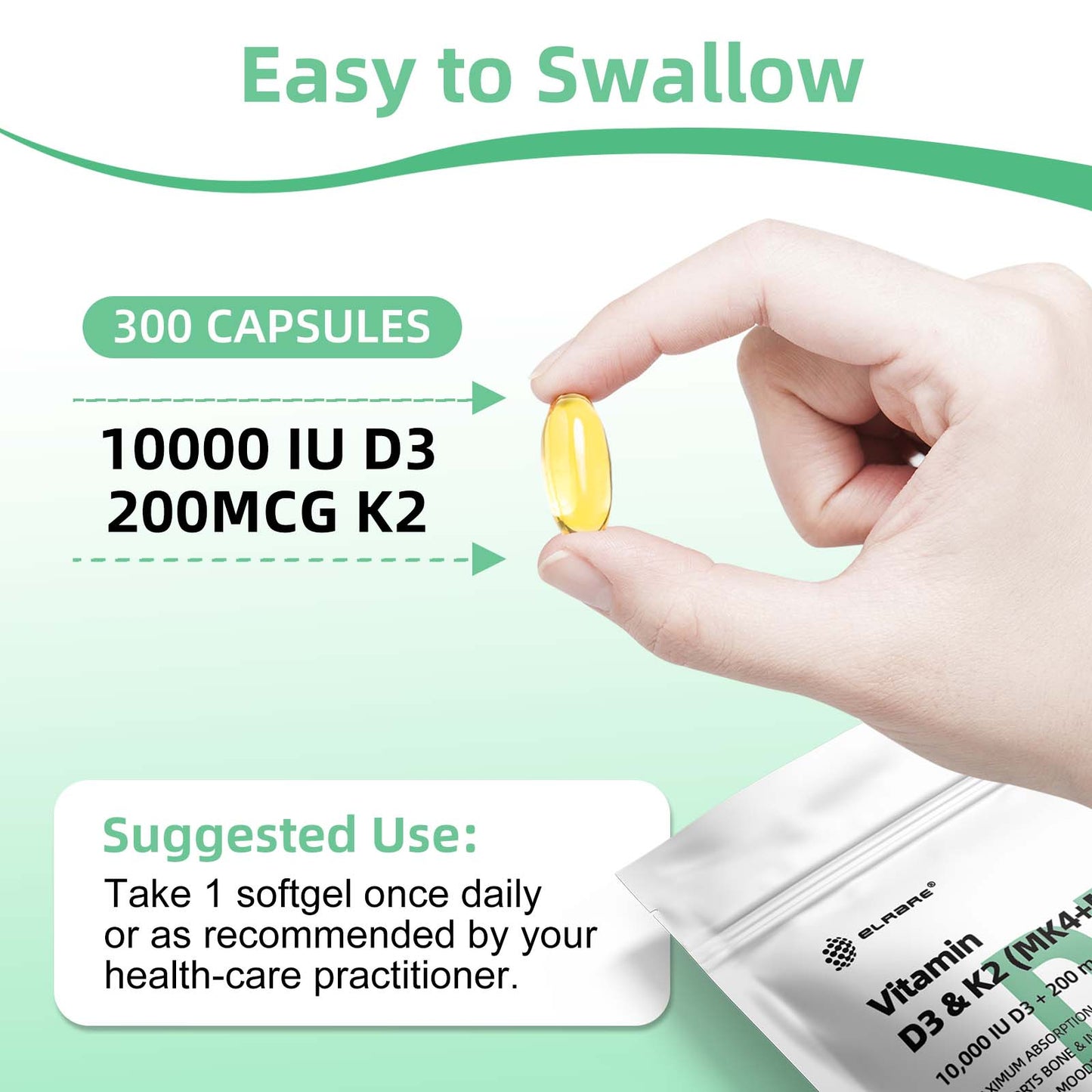 Vitamin D3(10000 IU)& 200 mcg Vitamin K2(50 mcg MK4+150 mcg MK7),supports calcium absorption,bone immune,heart health,easy to swallow,300 virgin coconut oil softgels