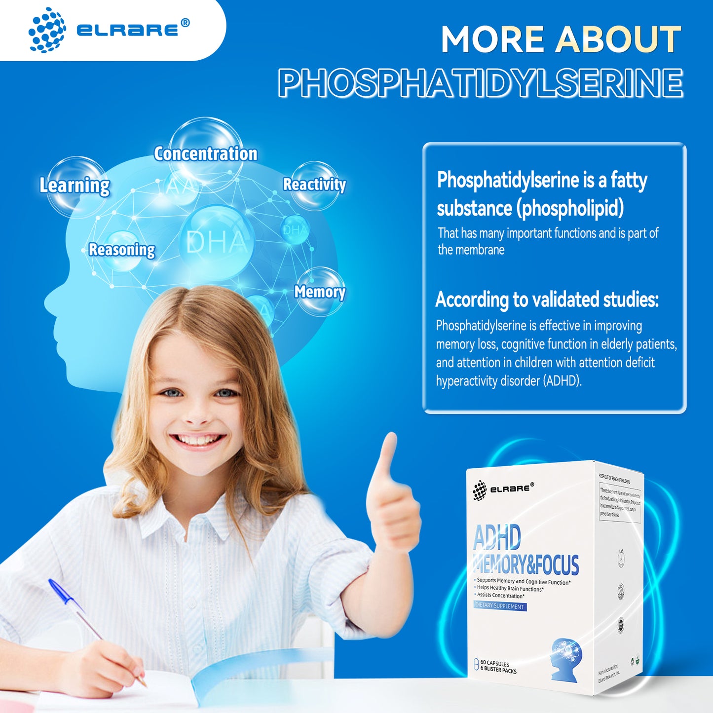 Brain Supplements for Memory,Focus& Cognitive Function,PhosphatidylSerine 300mg,L-Theanine,DHA Algae Oil Powder and 95% Proanthocyanidins,Non-GMO,60 Capsules