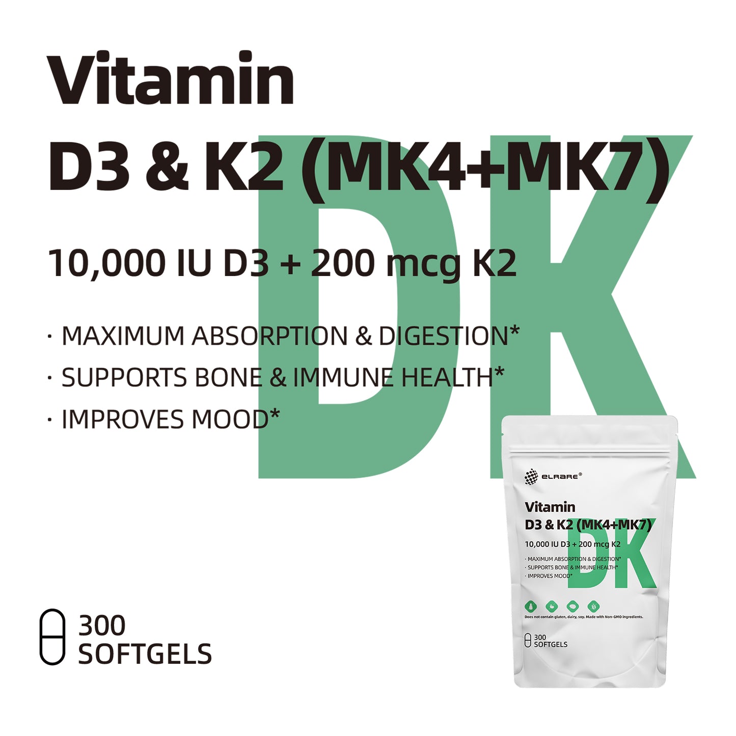 Vitamin D3(10000 IU)& 200 mcg Vitamin K2(50 mcg MK4+150 mcg MK7),supports calcium absorption,bone immune,heart health,easy to swallow,300 virgin coconut oil softgels
